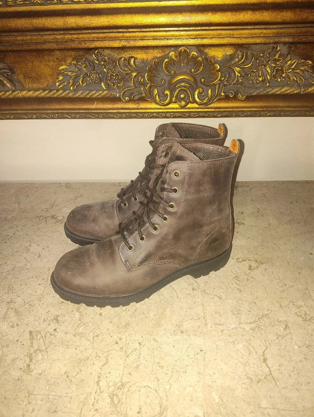 Vintage Timberland 11300 Dark Brown Leather Work Boots with Yellow Pull Tab